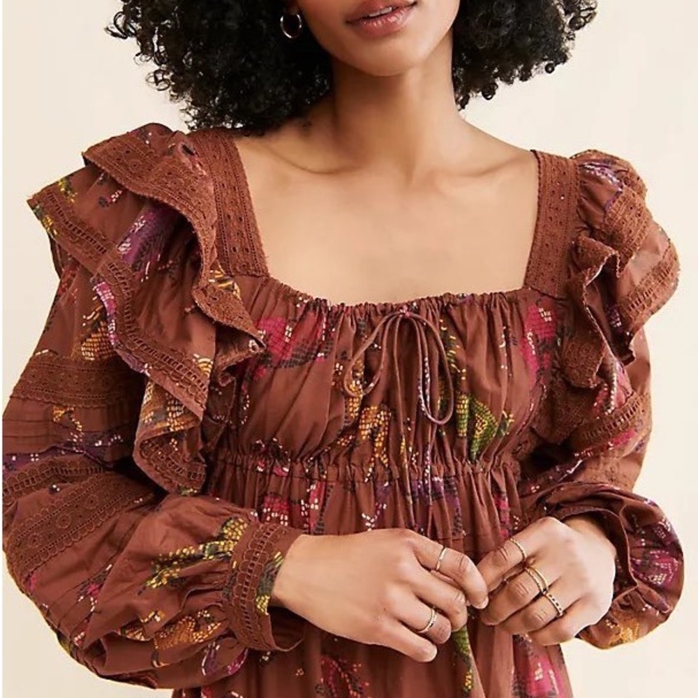 Farm Rio Dotted Horse Tiered Maxi Dress Small Ruffle Eyelet Coastal Boho Prairie - Picture 3 of 10